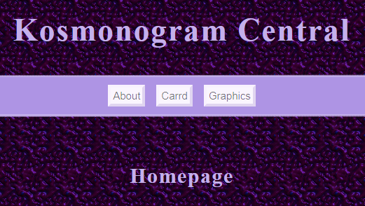 An image of the site title, with the same three buttons below it. the difference in this image is that the buttons are on a pastel purple stripe.